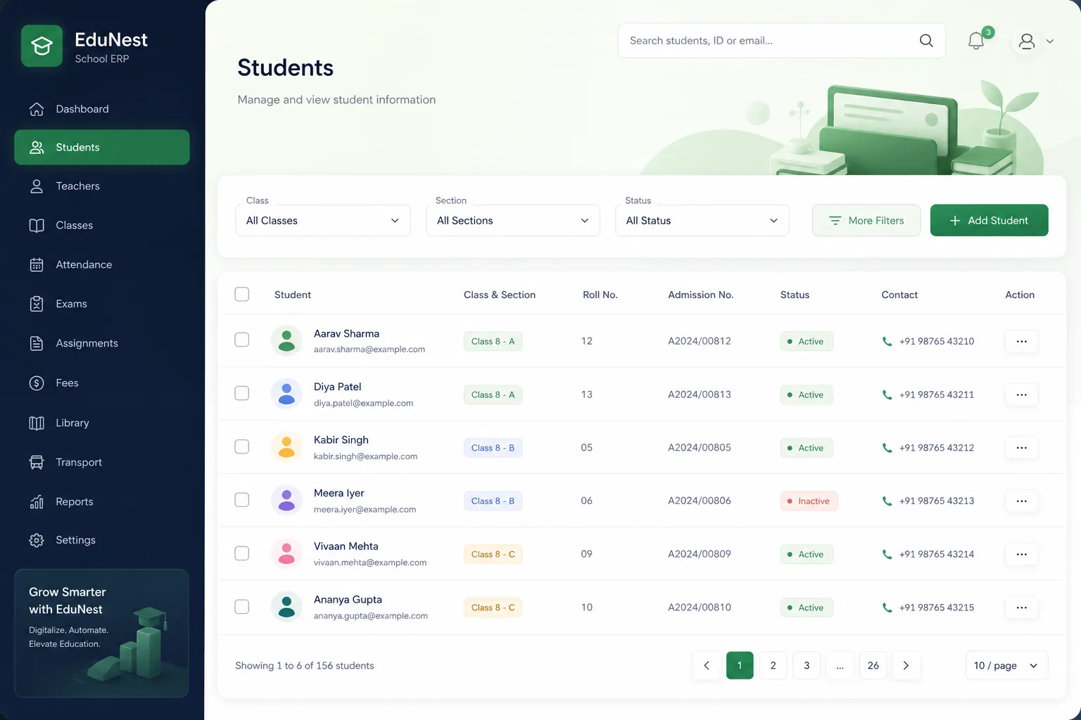 School ERP with Fees and Parent Portal — browse and list view