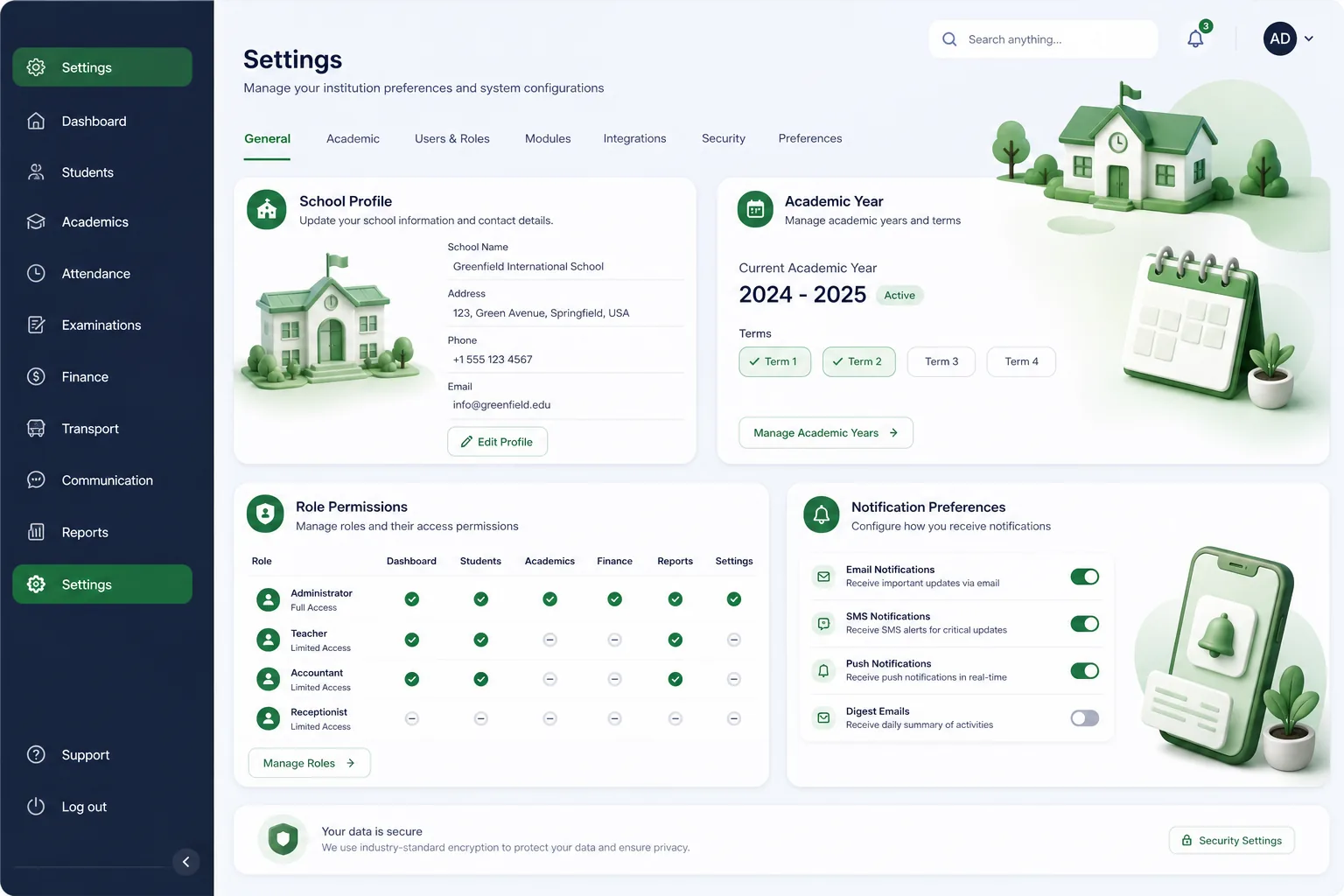 School ERP with Fees and Parent Portal — settings and configuration