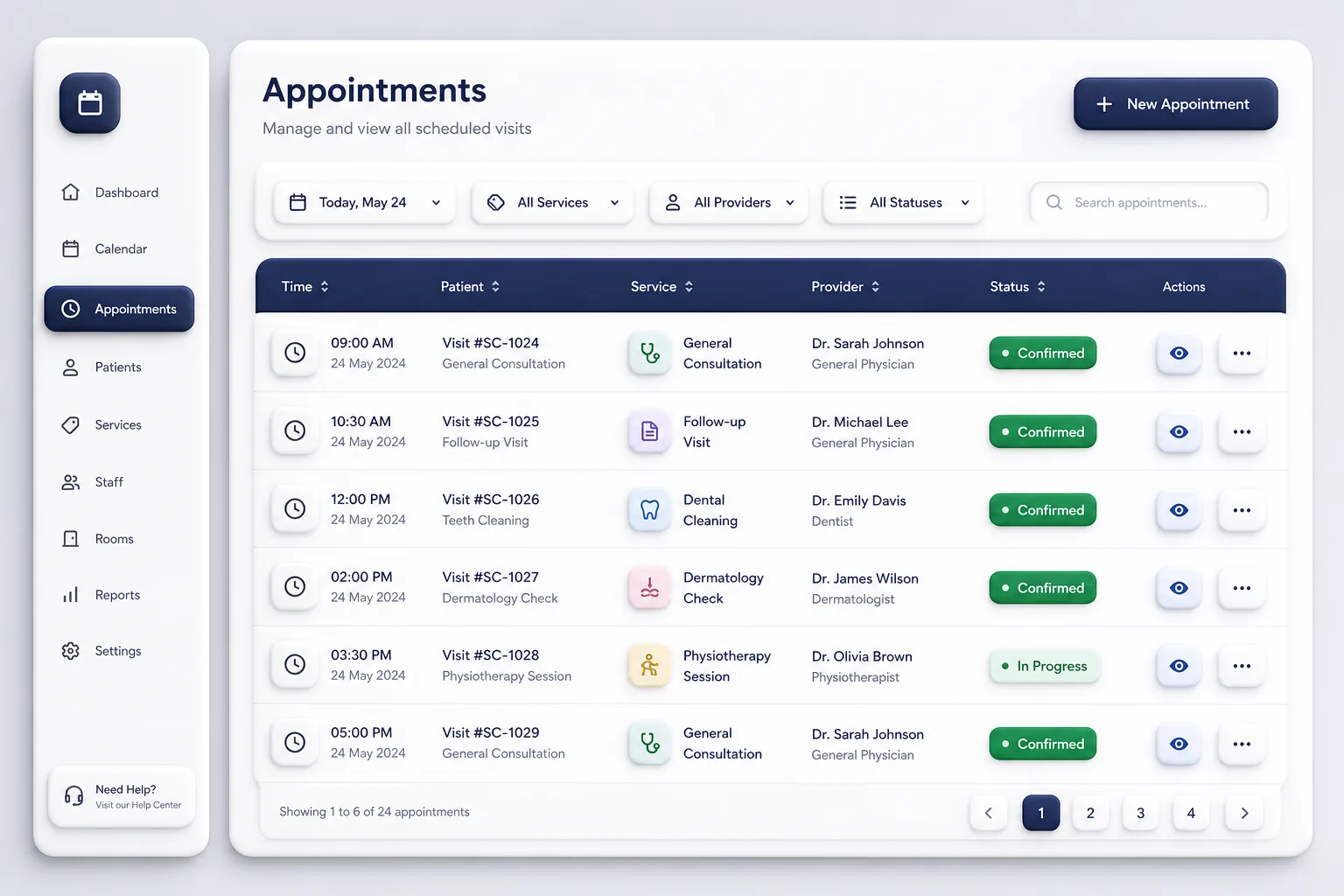 Clinic Appointment Booking Portal — browse and list view