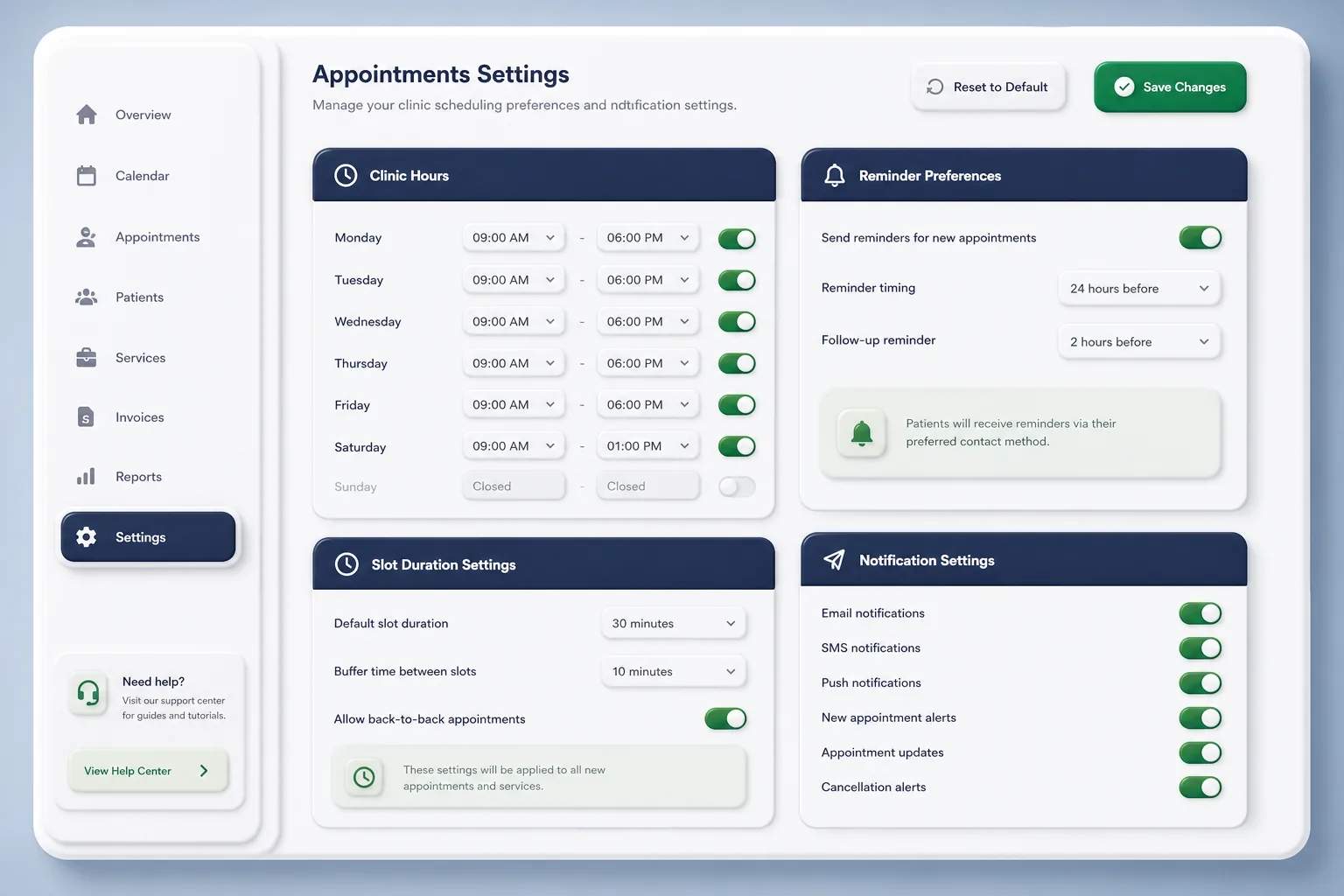 Clinic Appointment Booking Portal — settings and configuration