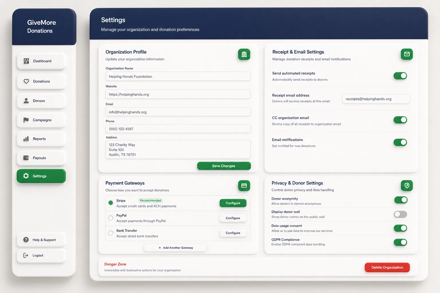 Non-Profit Donation Portal with Receipts — settings and configuration