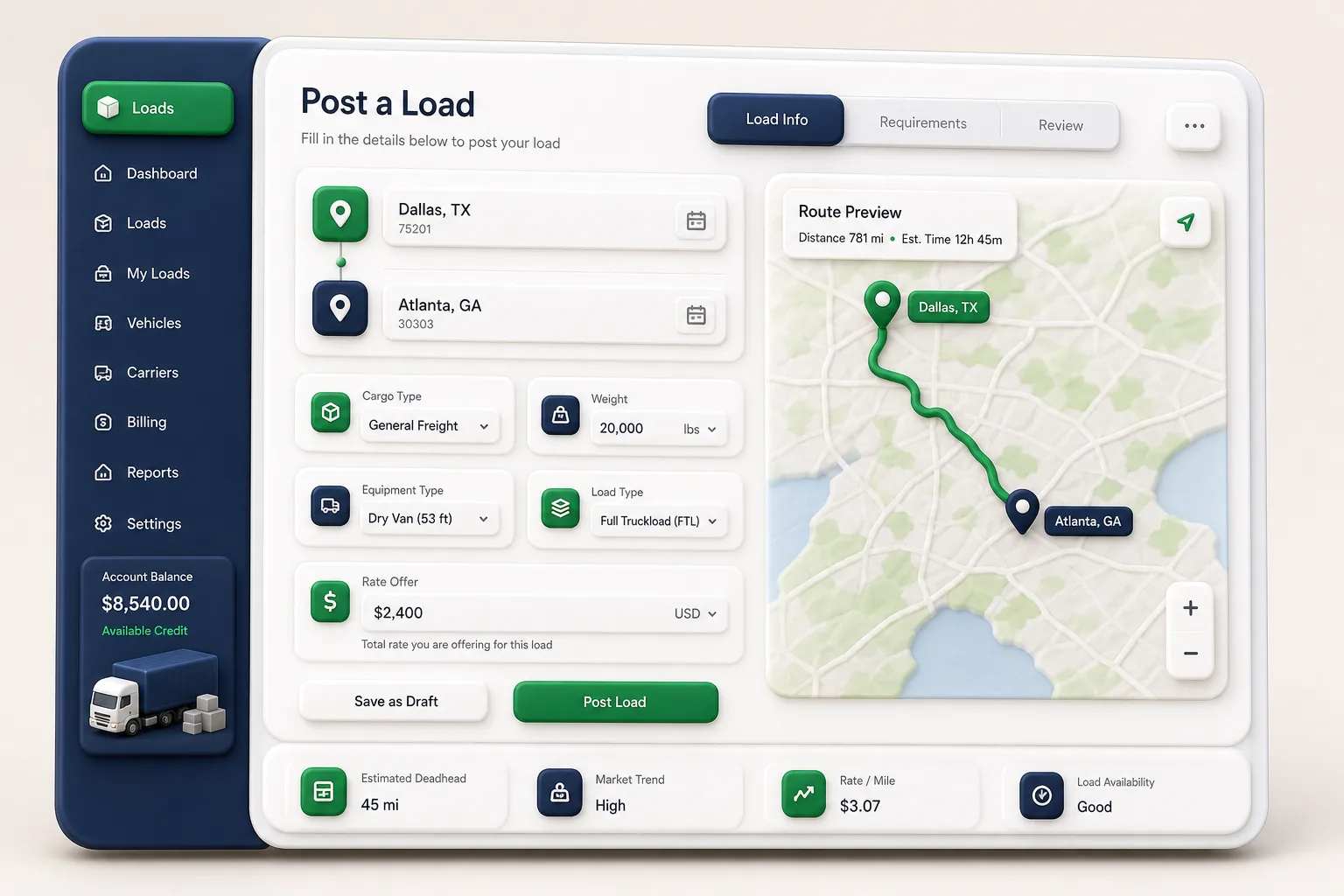 Freight Marketplace with Instant Quotes — core workflow screen