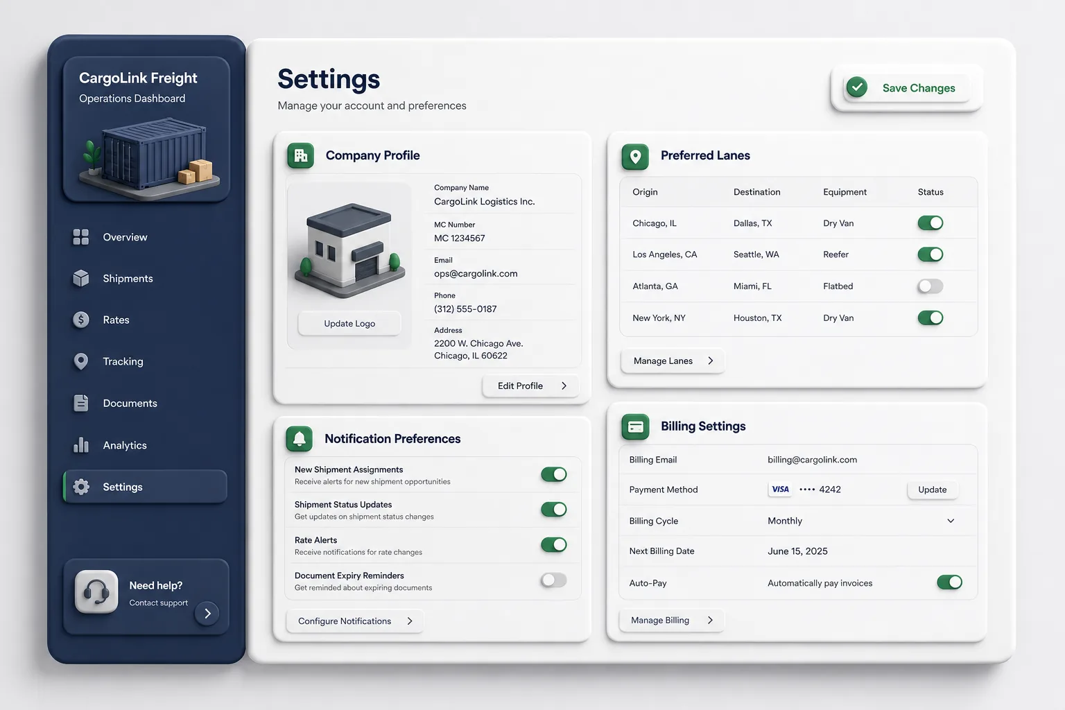 Freight Marketplace with Instant Quotes — settings and configuration