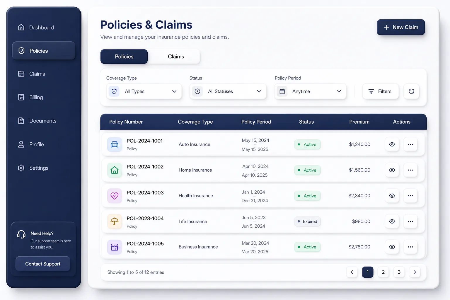 Insurance Policy, Claims and Agent Portal — browse and list view