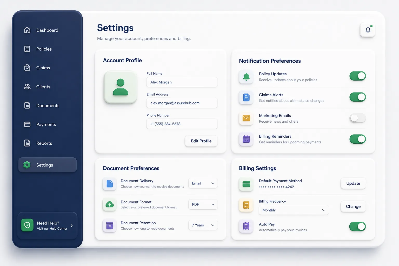 Insurance Policy, Claims and Agent Portal — settings and configuration